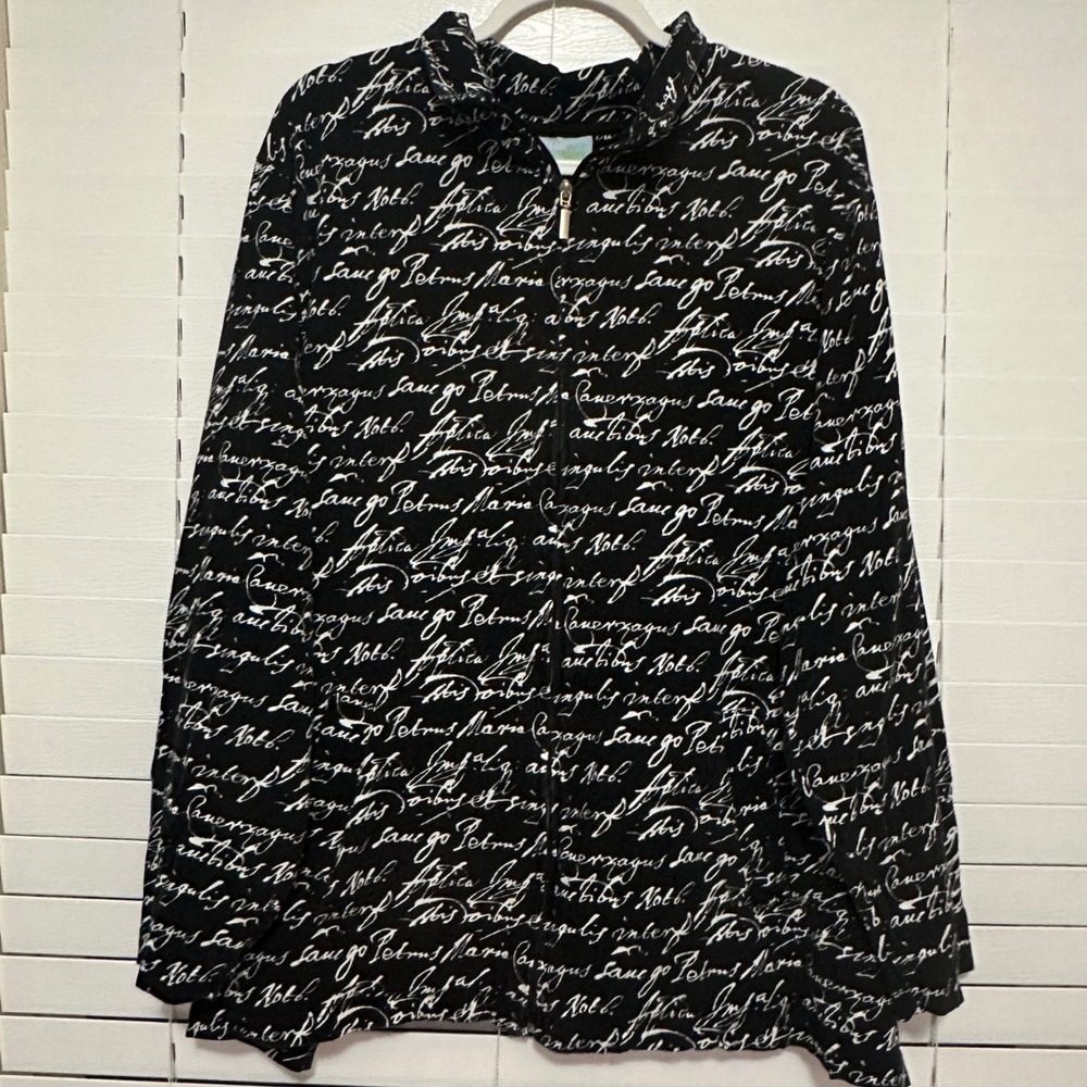 Liz & Me Sport Womens 4X 30/32W Black Script Calligraphy Zip Up Jacket Cotton